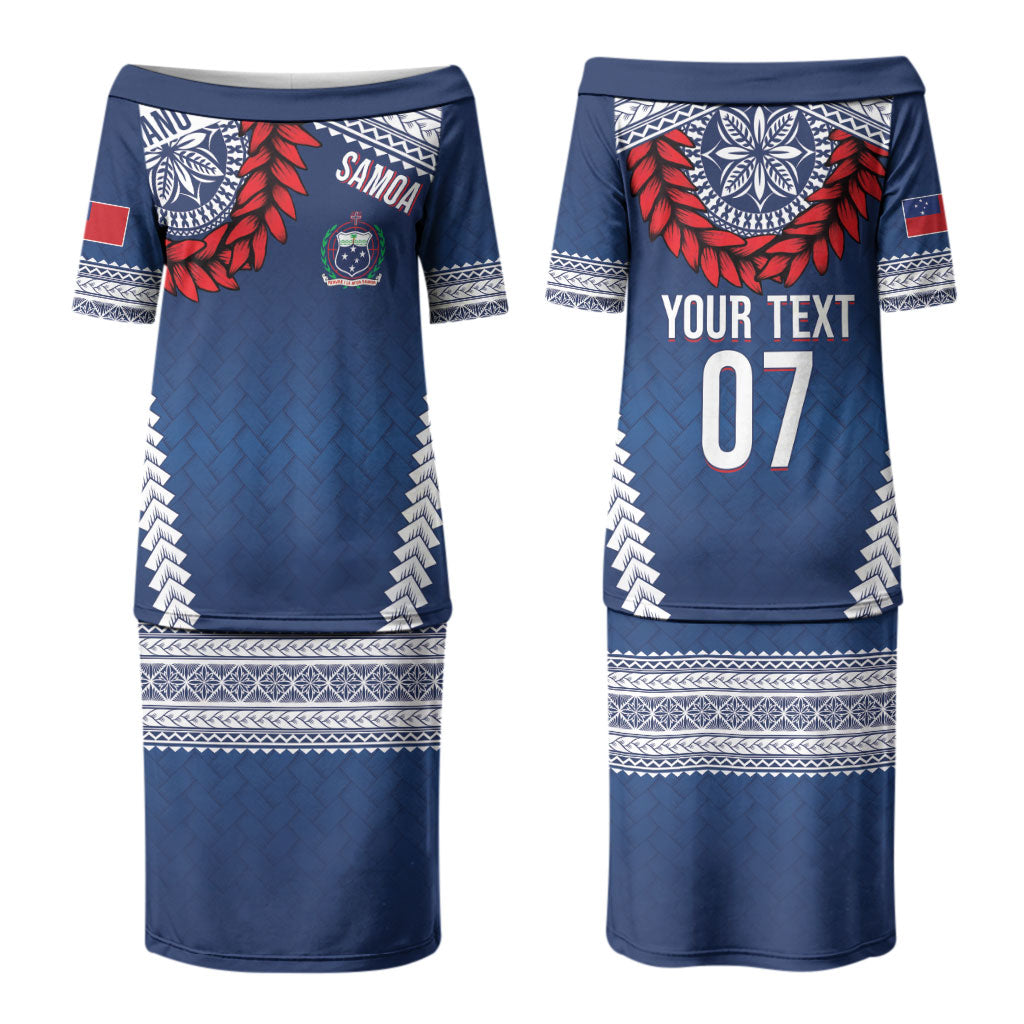 Manu Samoa Rugby Custom Navy Blue Couples Matching Puletasi and Hawaiian Shirt ʻIe Toga Pattern With Red Ula fala