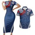 Manu Samoa Rugby Custom Navy Blue Couples Matching Short Sleeve Bodycon Dress and Hawaiian Shirt ʻIe Toga Pattern With Red Ula fala
