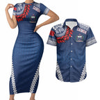 Manu Samoa Rugby Custom Navy Blue Couples Matching Short Sleeve Bodycon Dress and Hawaiian Shirt ʻIe Toga Pattern With Red Ula fala