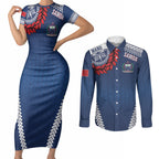 Manu Samoa Rugby Custom Navy Blue Couples Matching Short Sleeve Bodycon Dress and Long Sleeve Button Shirt ʻIe Toga Pattern With Red Ula fala