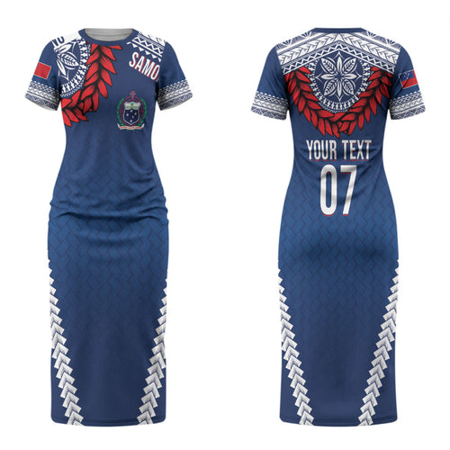 Manu Samoa Rugby Custom Navy Blue Couples Matching Short Sleeve Bodycon Dress and Long Sleeve Button Shirt ʻIe Toga Pattern With Red Ula fala