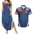 Manu Samoa Rugby Custom Navy Blue Couples Matching Summer Maxi Dress and Hawaiian Shirt ʻIe Toga Pattern With Red Ula fala