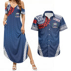 Manu Samoa Rugby Custom Navy Blue Couples Matching Summer Maxi Dress and Hawaiian Shirt ʻIe Toga Pattern With Red Ula fala