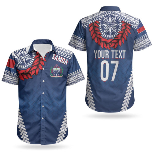 Manu Samoa Rugby Custom Navy Blue Couples Matching Summer Maxi Dress and Hawaiian Shirt ʻIe Toga Pattern With Red Ula fala