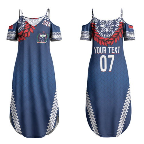 Manu Samoa Rugby Custom Navy Blue Couples Matching Summer Maxi Dress and Long Sleeve Button Shirt ʻIe Toga Pattern With Red Ula fala