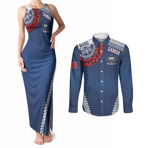 Manu Samoa Rugby Custom Navy Blue Couples Matching Tank Maxi Dress and Long Sleeve Button Shirt ʻIe Toga Pattern With Red Ula fala