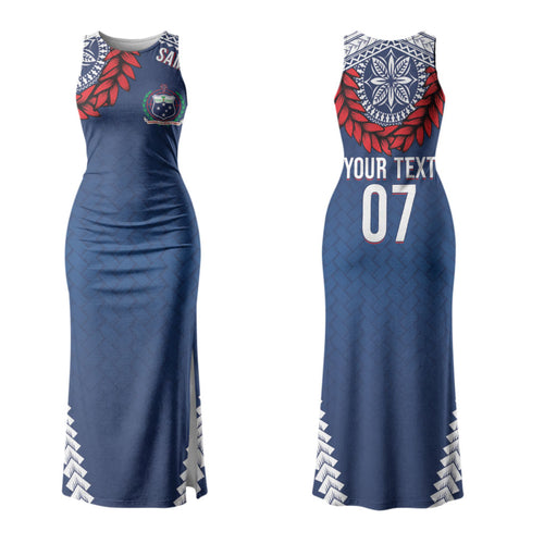 Manu Samoa Rugby Custom Navy Blue Couples Matching Tank Maxi Dress and Long Sleeve Button Shirt ʻIe Toga Pattern With Red Ula fala