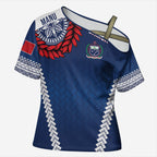 Manu Samoa Rugby Custom Navy Blue Cross Shoulder Shirt ʻIe Toga Pattern With Red Ula fala