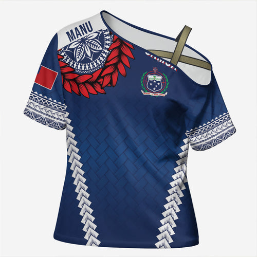 Manu Samoa Rugby Custom Navy Blue Cross Shoulder Shirt ʻIe Toga Pattern With Red Ula fala