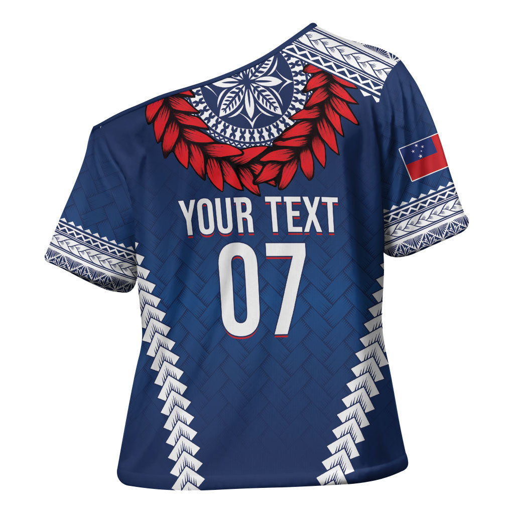 Manu Samoa Rugby Custom Navy Blue Cross Shoulder Shirt ʻIe Toga Pattern With Red Ula fala