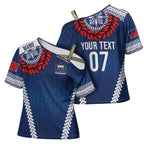 Manu Samoa Rugby Custom Navy Blue Cross Shoulder Shirt ʻIe Toga Pattern With Red Ula fala