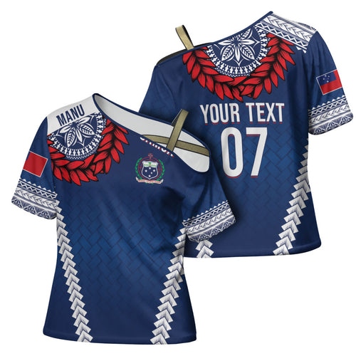 Manu Samoa Rugby Custom Navy Blue Cross Shoulder Shirt ʻIe Toga Pattern With Red Ula fala