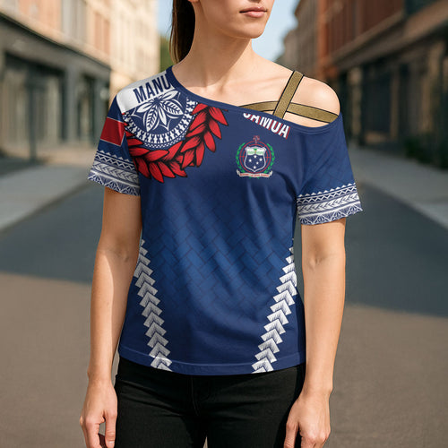 Manu Samoa Rugby Custom Navy Blue Cross Shoulder Shirt ʻIe Toga Pattern With Red Ula fala