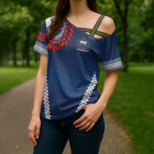 Manu Samoa Rugby Custom Navy Blue Cross Shoulder Shirt ʻIe Toga Pattern With Red Ula fala