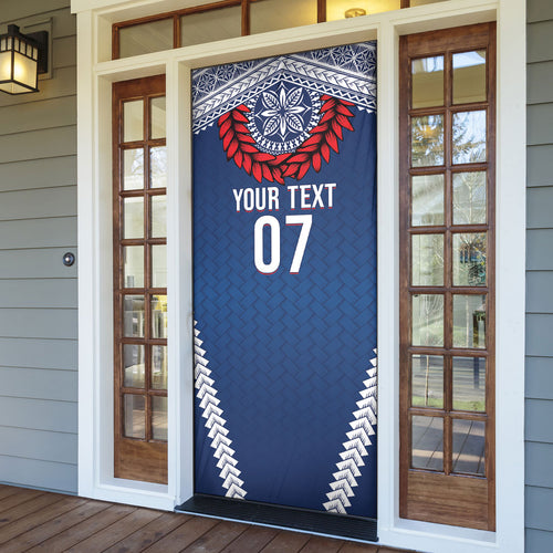 Manu Samoa Rugby Custom Navy Blue Door Cover ʻIe Toga Pattern With Red Ula fala