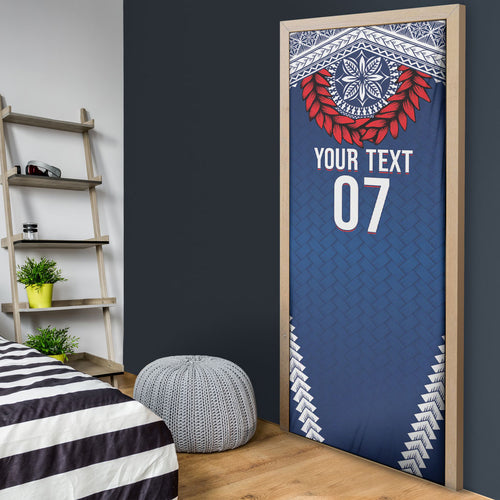 Manu Samoa Rugby Custom Navy Blue Door Cover ʻIe Toga Pattern With Red Ula fala