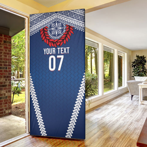 Manu Samoa Rugby Custom Navy Blue Door Cover ʻIe Toga Pattern With Red Ula fala