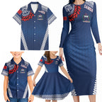 Manu Samoa Rugby Custom Navy Blue Family Matching Long Sleeve Bodycon Dress and Hawaiian Shirt ʻIe Toga Pattern With Red Ula fala
