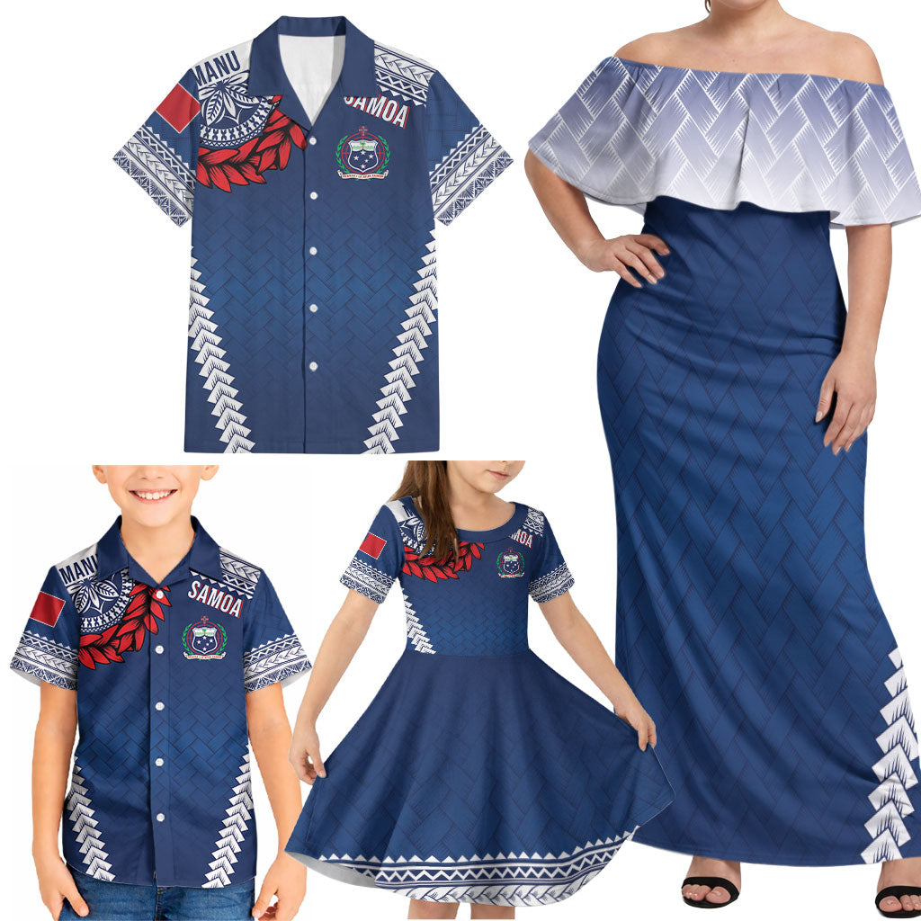 Manu Samoa Rugby Custom Navy Blue Family Matching Off Shoulder Maxi Dress and Hawaiian Shirt ʻIe Toga Pattern With Red Ula fala