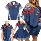 Manu Samoa Rugby Custom Navy Blue Family Matching Off Shoulder Short Dress and Hawaiian Shirt ʻIe Toga Pattern With Red Ula fala