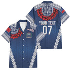 Manu Samoa Rugby Custom Navy Blue Family Matching Off Shoulder Short Dress and Hawaiian Shirt ʻIe Toga Pattern With Red Ula fala