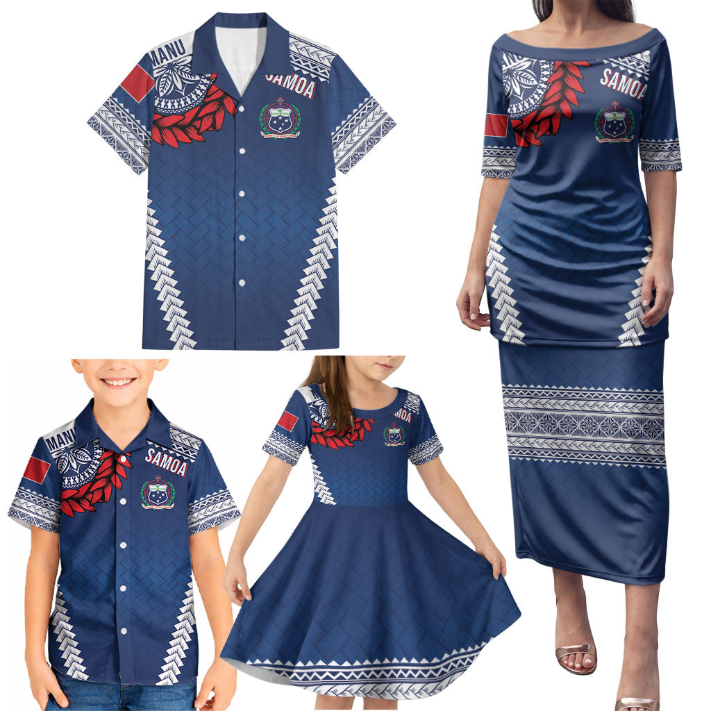 Manu Samoa Rugby Custom Navy Blue Family Matching Puletasi and Hawaiian Shirt ʻIe Toga Pattern With Red Ula fala