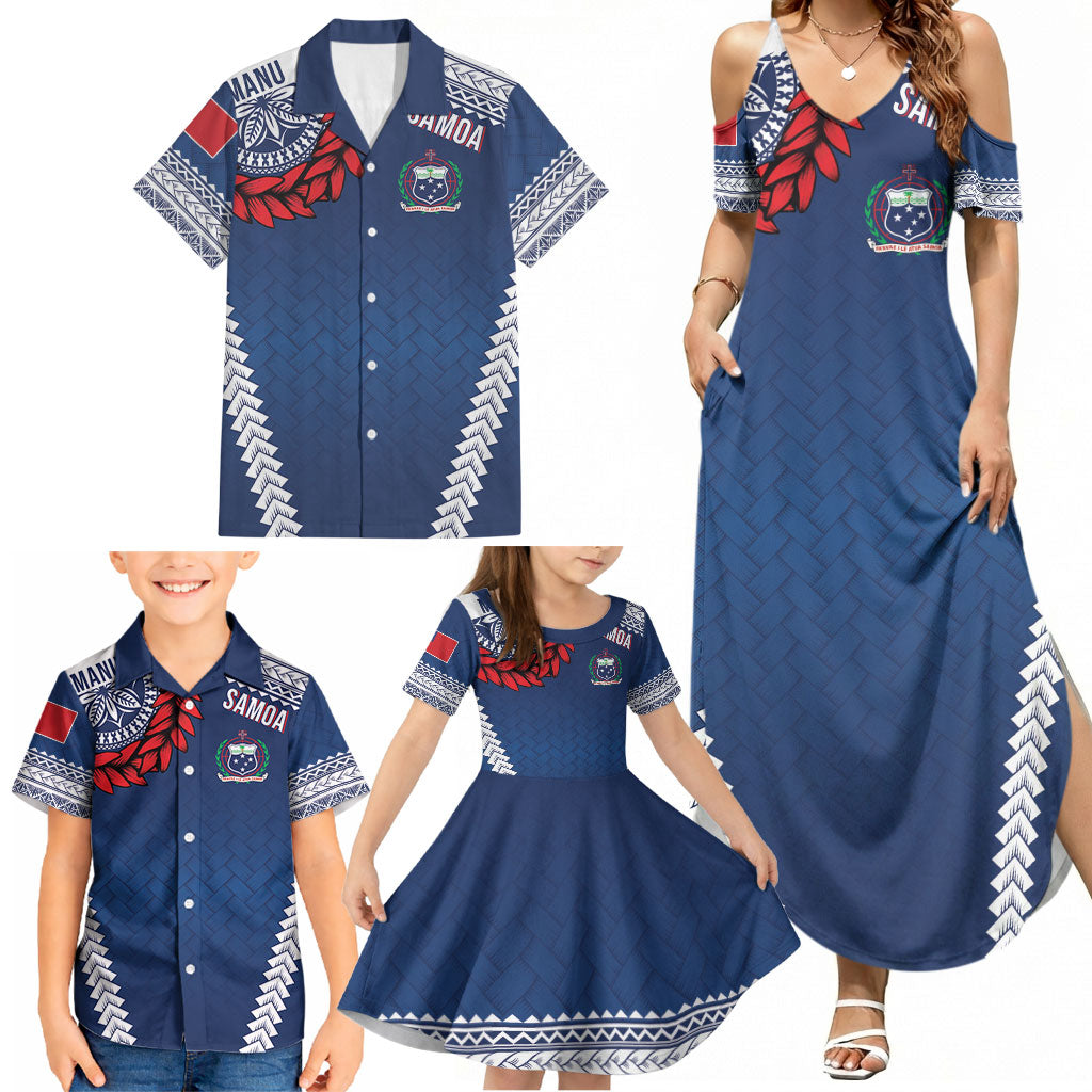 Manu Samoa Rugby Custom Navy Blue Family Matching Summer Maxi Dress and Hawaiian Shirt ʻIe Toga Pattern With Red Ula fala