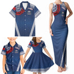 Manu Samoa Rugby Custom Navy Blue Family Matching Tank Maxi Dress and Hawaiian Shirt ʻIe Toga Pattern With Red Ula fala