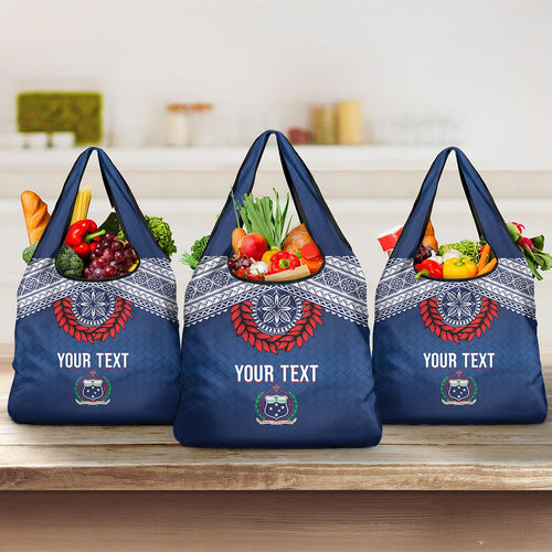 Manu Samoa Rugby Custom Navy Blue Grocery Bag ʻIe Toga Pattern With Red Ula fala