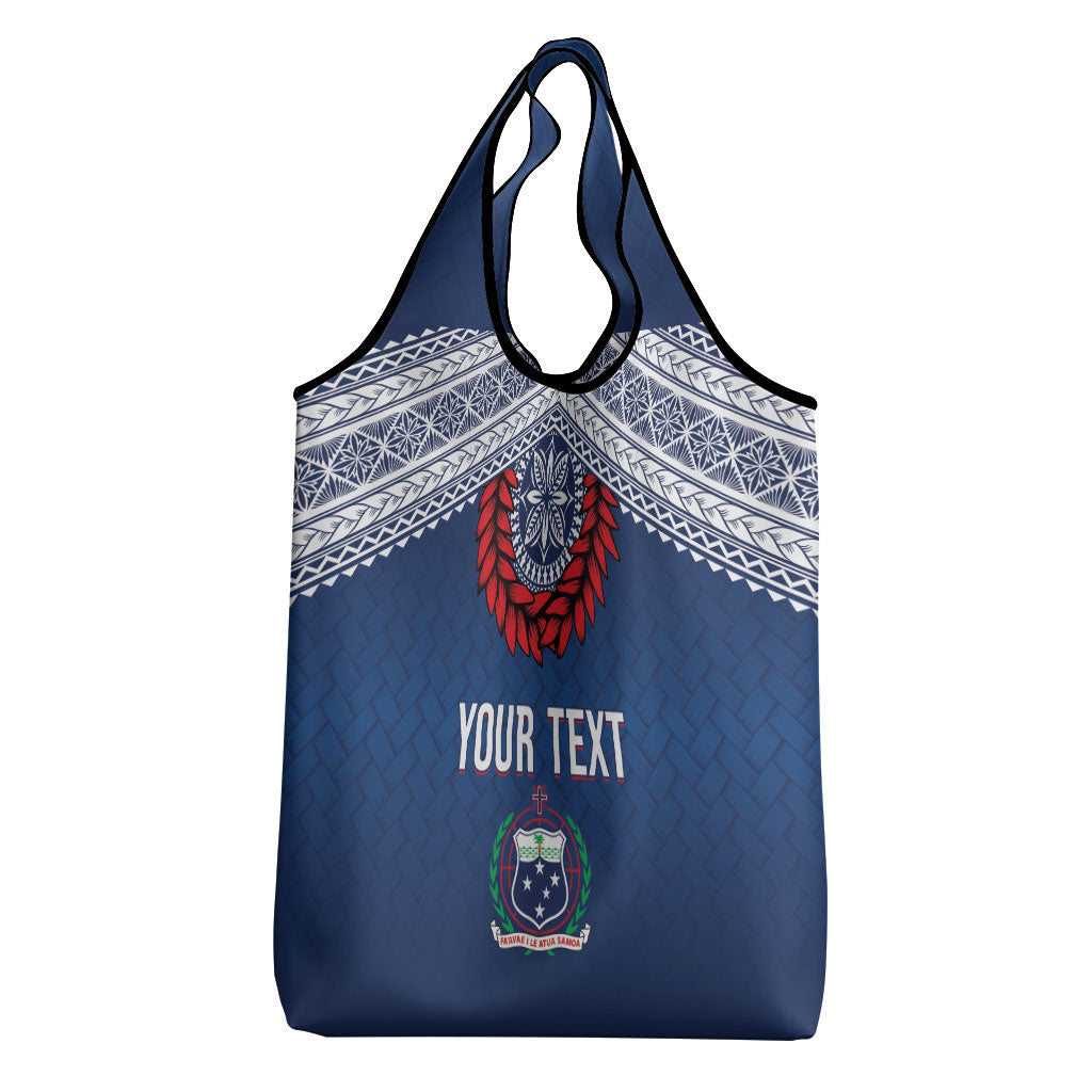 Manu Samoa Rugby Custom Navy Blue Grocery Bag ʻIe Toga Pattern With Red Ula fala