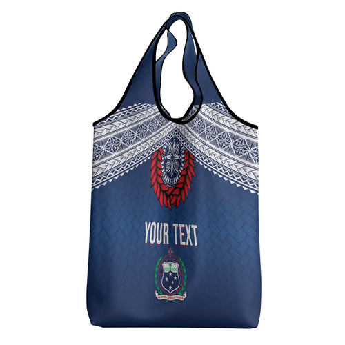 Manu Samoa Rugby Custom Navy Blue Grocery Bag ʻIe Toga Pattern With Red Ula fala