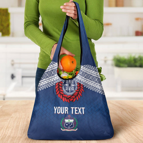Manu Samoa Rugby Custom Navy Blue Grocery Bag ʻIe Toga Pattern With Red Ula fala