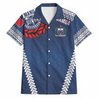 Manu Samoa Rugby Custom Navy Blue Hawaiian Shirt ʻIe Toga Pattern With Red Ula fala