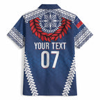 Manu Samoa Rugby Custom Navy Blue Hawaiian Shirt ʻIe Toga Pattern With Red Ula fala