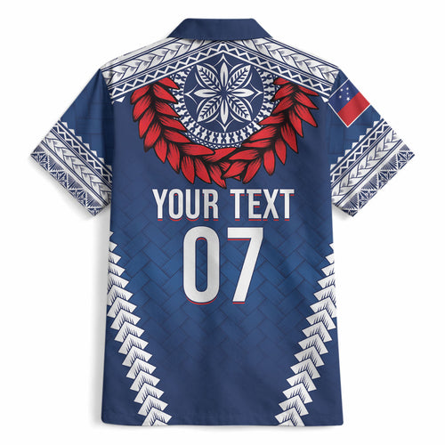 Manu Samoa Rugby Custom Navy Blue Hawaiian Shirt ʻIe Toga Pattern With Red Ula fala