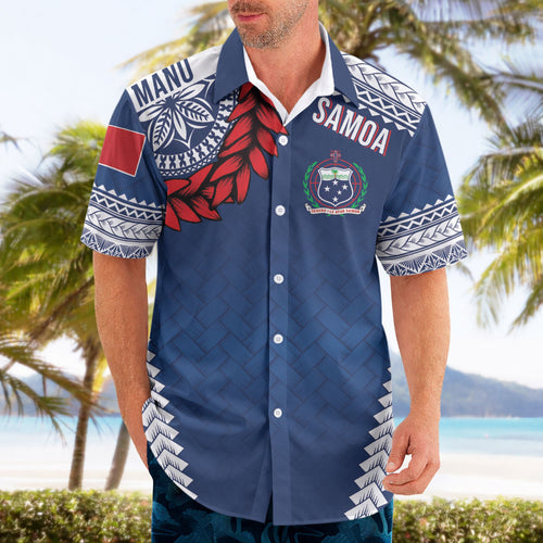 Manu Samoa Rugby Custom Navy Blue Hawaiian Shirt ʻIe Toga Pattern With Red Ula fala