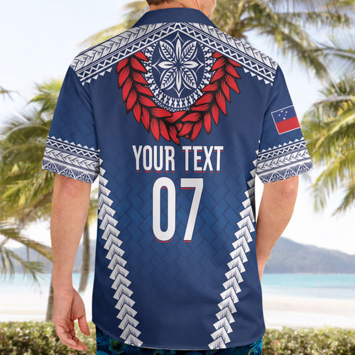 Manu Samoa Rugby Custom Navy Blue Hawaiian Shirt ʻIe Toga Pattern With Red Ula fala