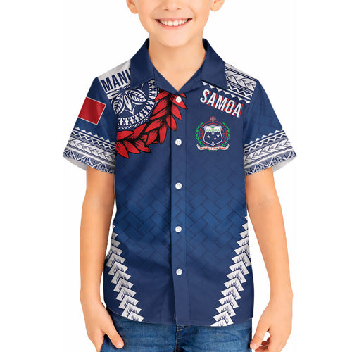 Manu Samoa Rugby Custom Navy Blue Hawaiian Shirt ʻIe Toga Pattern With Red Ula fala