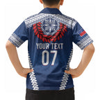 Manu Samoa Rugby Custom Navy Blue Hawaiian Shirt ʻIe Toga Pattern With Red Ula fala