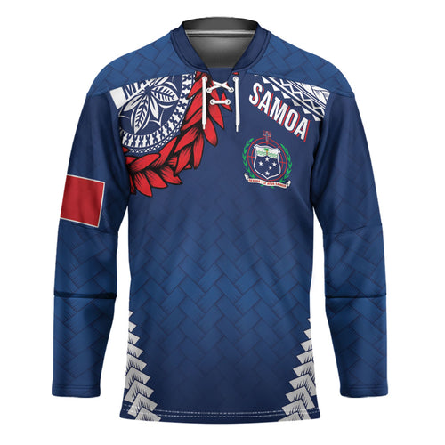 Manu Samoa Rugby Custom Navy Blue Hockey Jersey ʻIe Toga Pattern With Red Ula fala