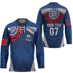 Manu Samoa Rugby Custom Navy Blue Hockey Jersey ʻIe Toga Pattern With Red Ula fala