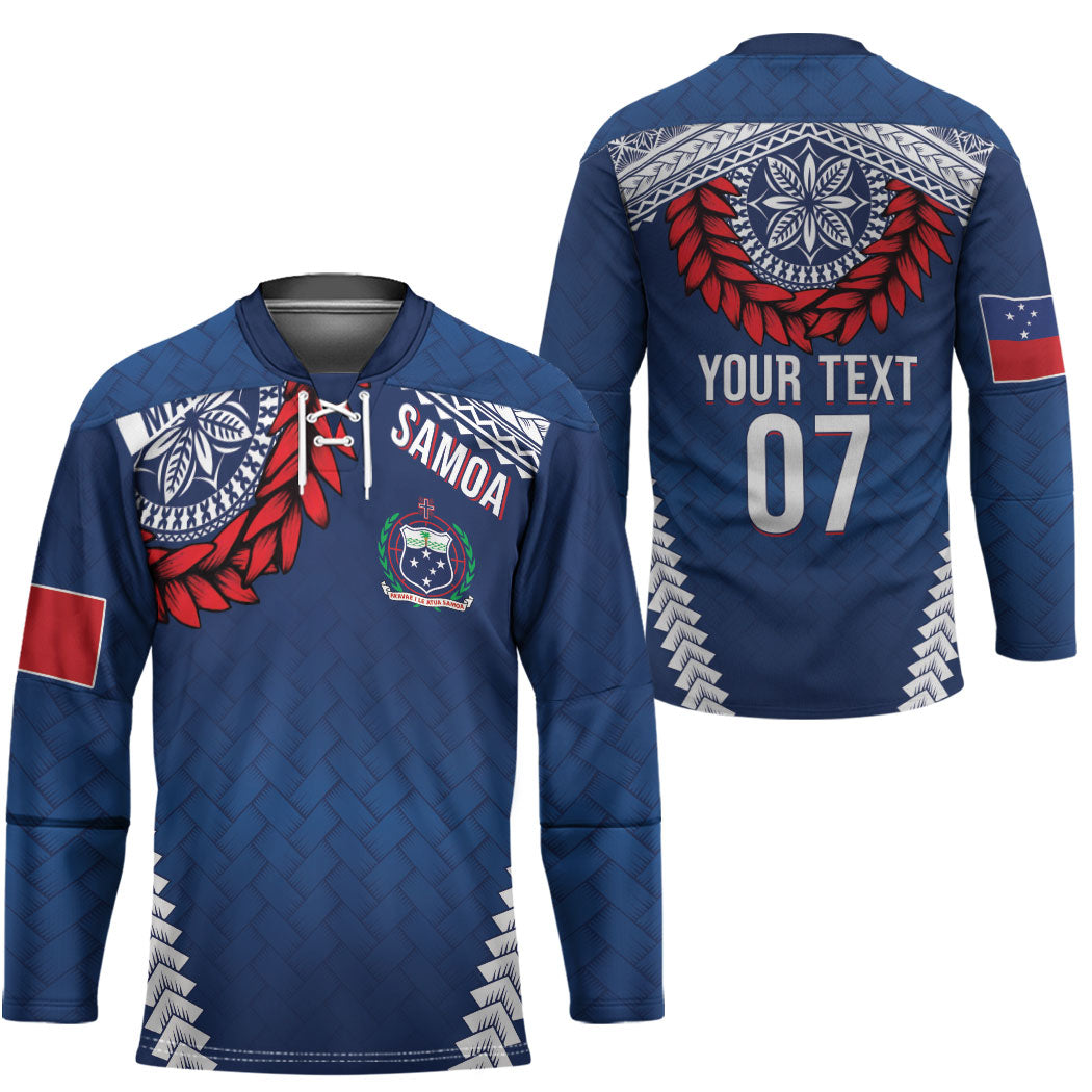 Manu Samoa Rugby Custom Navy Blue Hockey Jersey ʻIe Toga Pattern With Red Ula fala