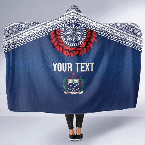 Manu Samoa Rugby Custom Navy Blue Hooded Blanket ʻIe Toga Pattern With Red Ula fala