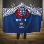 Manu Samoa Rugby Custom Navy Blue Hooded Blanket ʻIe Toga Pattern With Red Ula fala