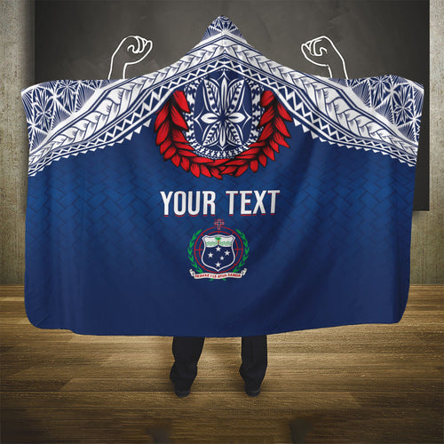 Manu Samoa Rugby Custom Navy Blue Hooded Blanket ʻIe Toga Pattern With Red Ula fala