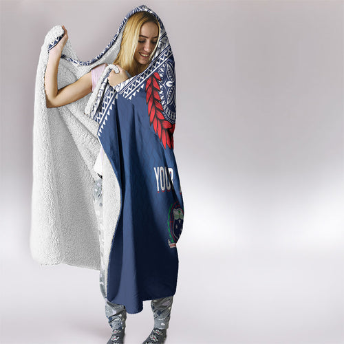 Manu Samoa Rugby Custom Navy Blue Hooded Blanket ʻIe Toga Pattern With Red Ula fala