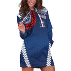 Manu Samoa Rugby Custom Navy Blue Hoodie Dress ʻIe Toga Pattern With Red Ula fala