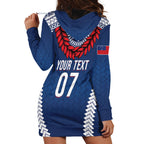 Manu Samoa Rugby Custom Navy Blue Hoodie Dress ʻIe Toga Pattern With Red Ula fala