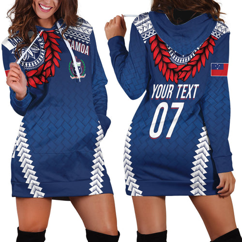 Manu Samoa Rugby Custom Navy Blue Hoodie Dress ʻIe Toga Pattern With Red Ula fala