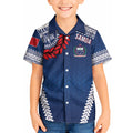 Manu Samoa Rugby Custom Navy Blue Kid Hawaiian Shirt ʻIe Toga Pattern With Red Ula fala